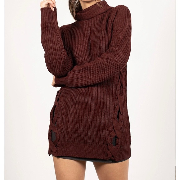 NEW - NEED YOU LACE UP TURTLE NECK SWEATER IN WINE - Picture 2 of 2